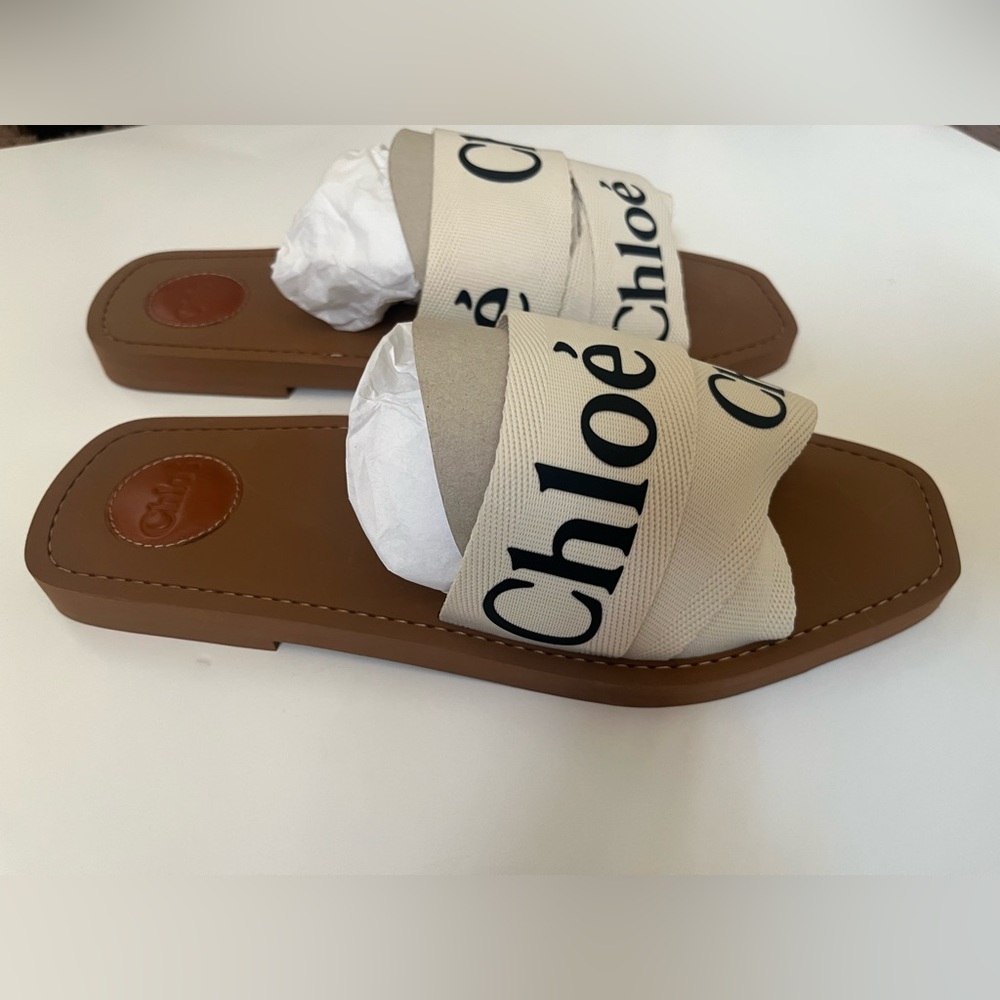Chloe logo print canvas slide sandals
